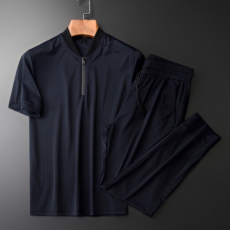 

Minglu Summer Mens Sets (t-shirt+pants) High Quality Stand Collar Short Sleeve Male Tracksuit Plus Size 4xl Slim Stripe Man Sets, Navy tzt20048