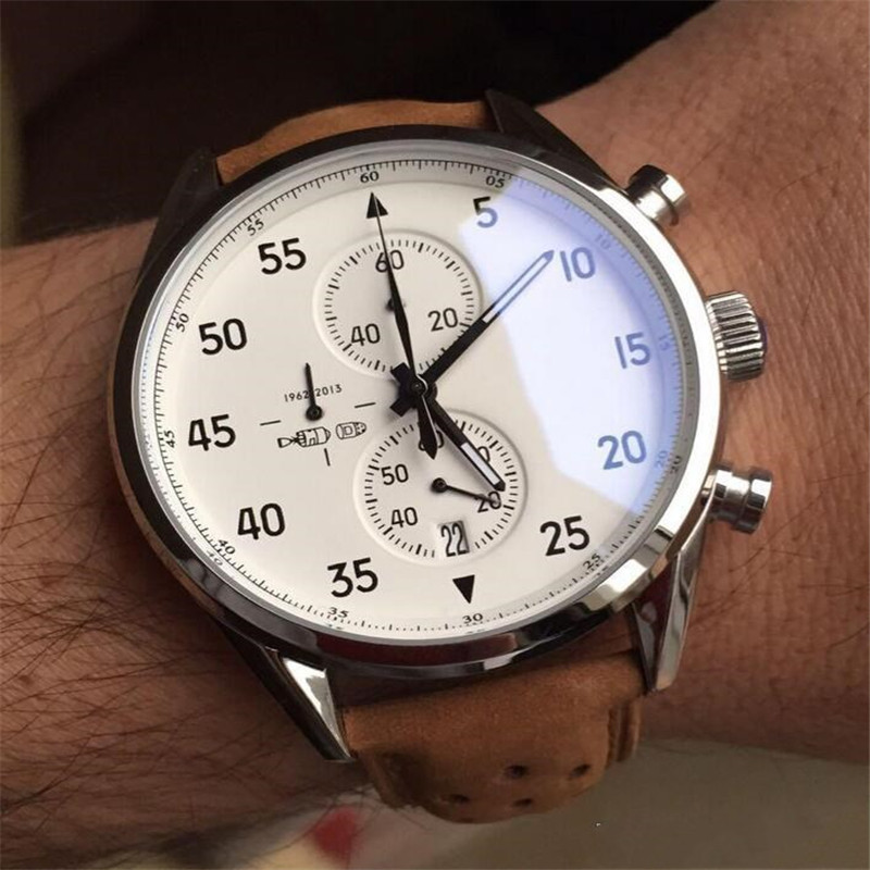 

NEW ARRIVALCalibre SpaceX Chrono Flyback Stopwatch White Dial Brown Leather Belt Mens Watches Sports Gent Watch VK Chronograph, Slivery;brown
