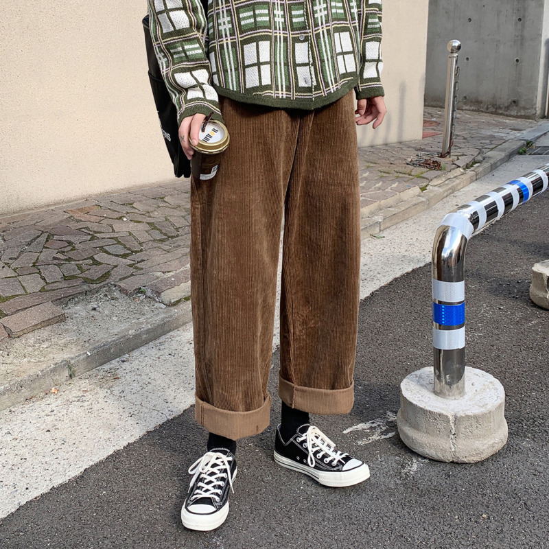 

Autumn Corduroy Pants Men's Fashion Retro Solid Color Pleated Casual Pants Men Streetwear Loose Straight Mens Trousers, Green