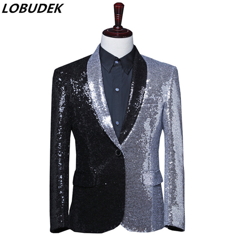 

Men' Formal Silver Black Sequins Splicing Suits Jacket Fashion Asymmetric Slim Coat Tuxedo Singer Host Stage Performance Blazer