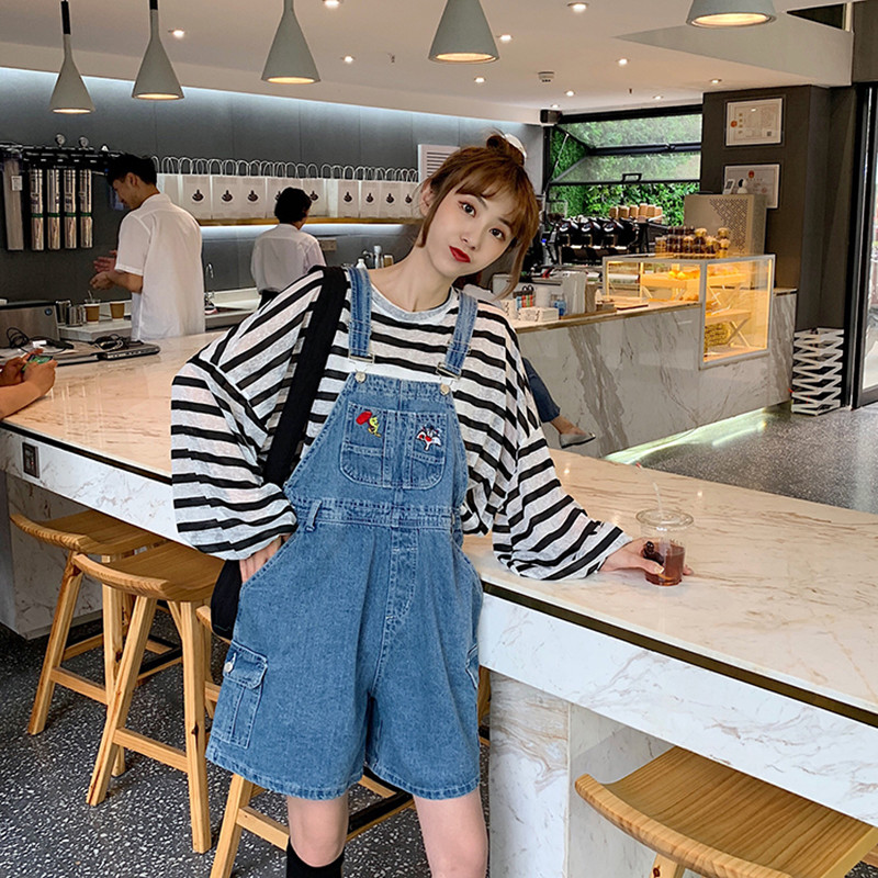 

SML Summer korean preppy style Jumpsuit Denim Overalls Casual Girls cartoon embroidery Jeans Shorts womens (78181, Blue