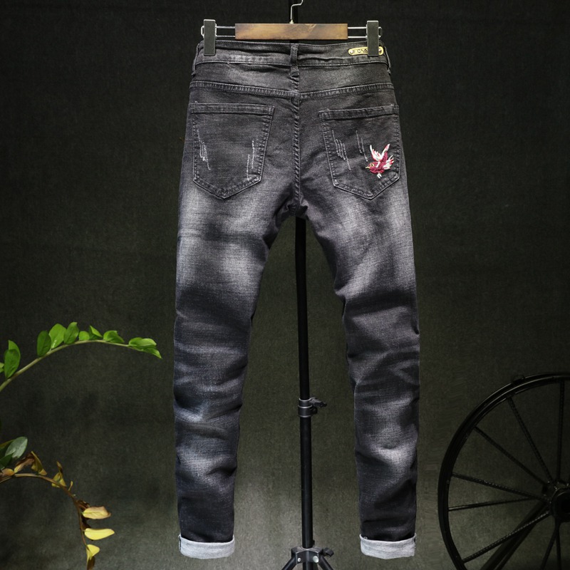 

Straight Fashion Skinny Men Blue Color embroidered Flowers bird Mens Casual Biker Denim Jeans Male Stretch Trouser Pant