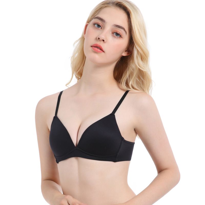 

Women Sexy Solid Color Glossy Gathered Bra 3/4 Cup Deep V-neck Rimless Bra, Jr