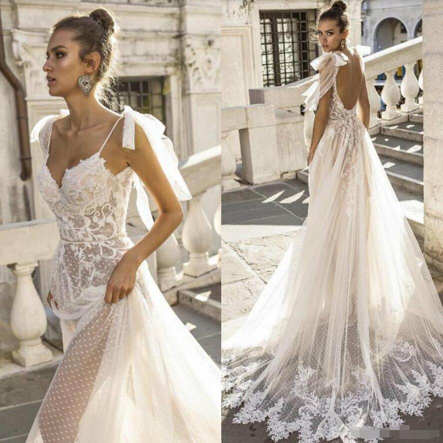 

Sexy Boho Wedding Dresses Spaghetti Straps Illusion Lace Backless Bridal Gowns Vestido De Novia Beach Wedding Dress Cheap, White