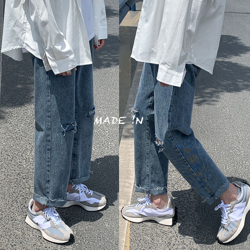 

2020 Fashionable Men' Casual Loose Hole Jeans Middle Waist Straight Ankle Length Pants Zipper Cowboy Solid Color -2xl, Blue