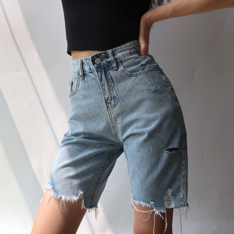 

2020 Summer New Fashion Womens Blue Black Solid Color High Waist Tassel Denim Shorts Girl Female Slim Retro WQ08, Washed black