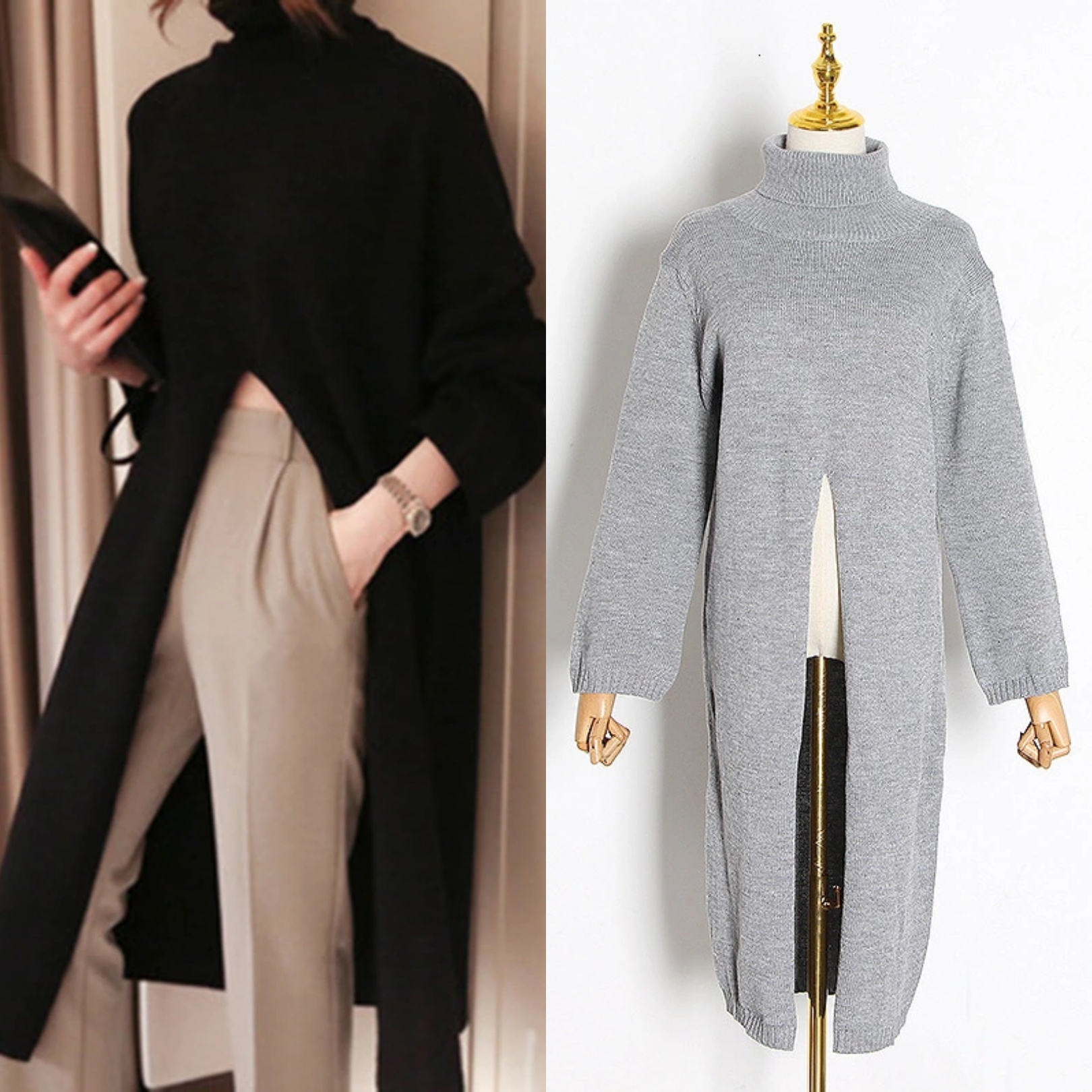 

European and American catwalk models Long knitted sweater with split hem and split ends, Black