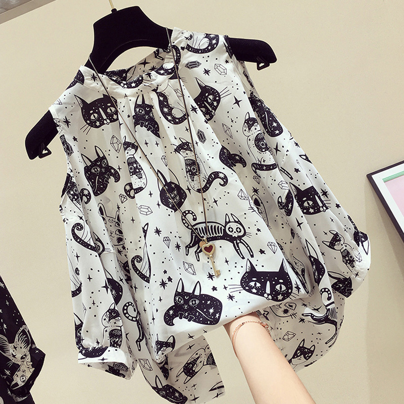 

2020 Summer New Women Fashion Short Sleeve Off Shoulder Floral Chiffon Tops Blouses Cats Print Loose Casual Shirts Blouse, Black