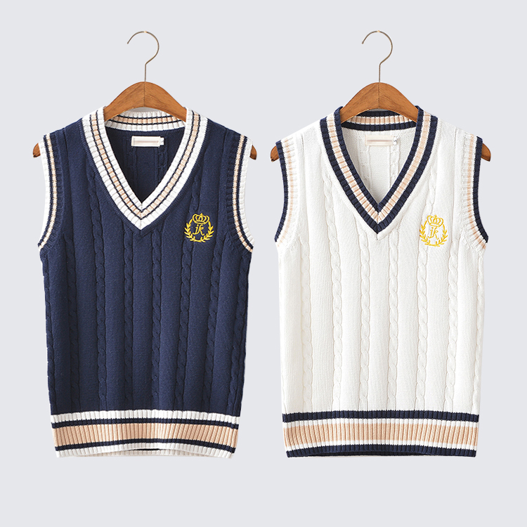 

Autumn Women British College style knitted Vest Crown Embroidery Teen Girls JK Uniform Bottoming Couple Sweater pullover Tops, White