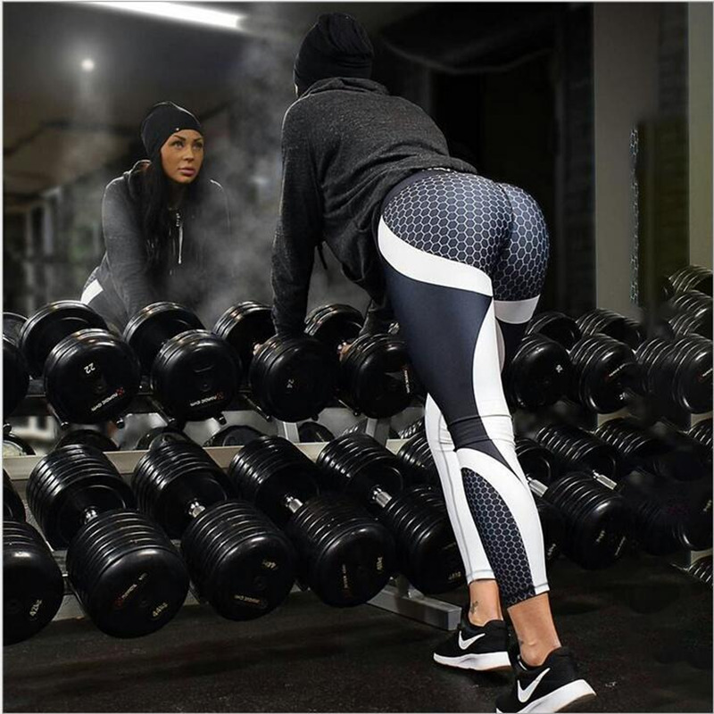 

Geometric Honeycomb Digital Printing Hip Lift Exercise Running Yoga Pants Gym Fitness Sports Leggings Women Slim Sports Tights, Pants-black white