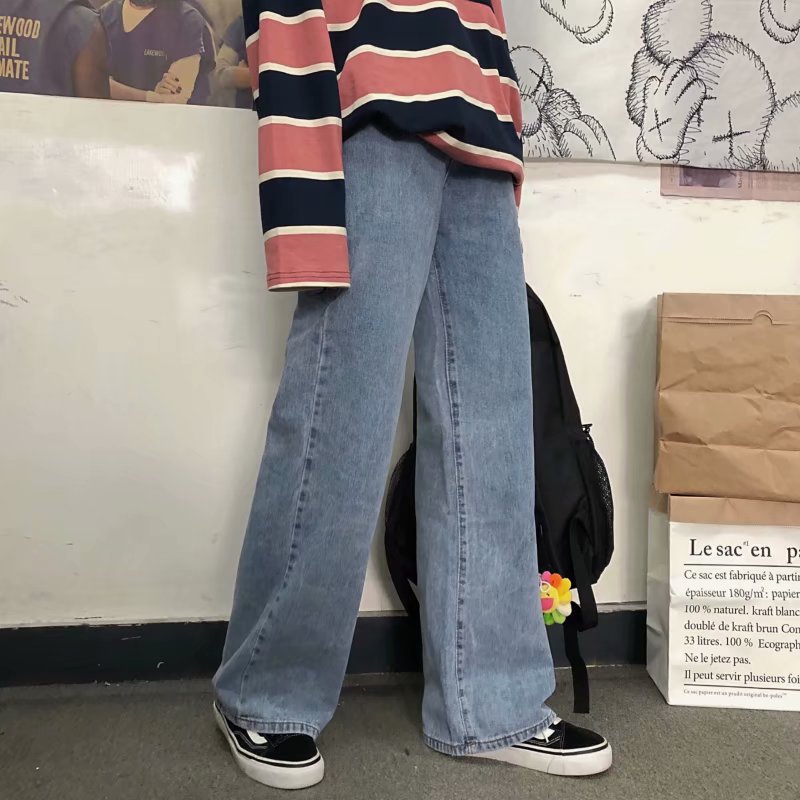 

Autumn winter 2020 Fashion Casual men's jeans youth students Korean trendy loose casual straight wide leg wild long pants, Sky blue