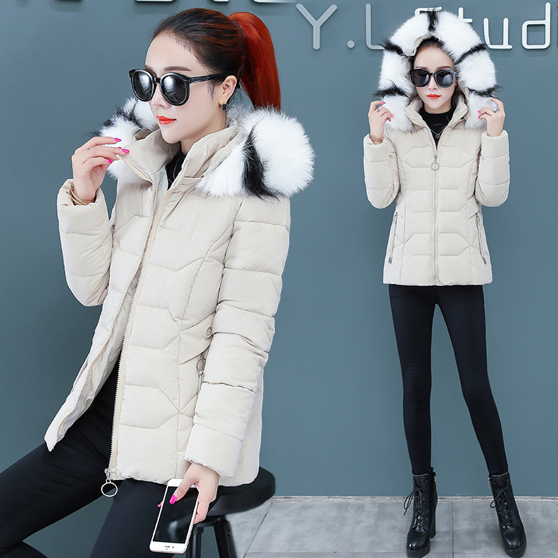 

2021 New Fashion Femme Veste Winter Warm Coat Women's Casual Short Slim Cotton Padded Jacket with Big Fur Collar Removable Hat, Beige