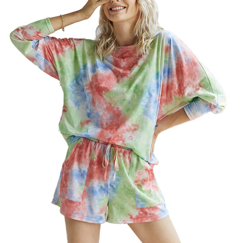 

Women Tie Dye Print Casual Two Piece Set Tracksuit Sports Outfit Homewear Long Sleeve Loose T Shirt Tops+Drawstring Shorts