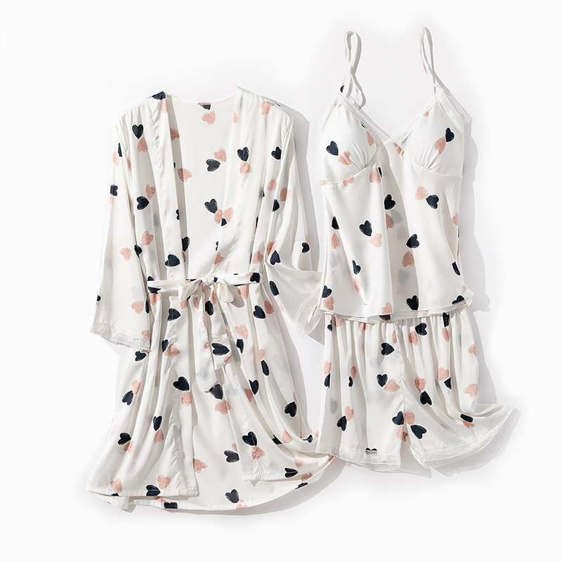 

Print Women 3PCS Robe Set Sleepwear Summer Thin Short Kimono Bath Gown Nightwear Silky Satin Intimate Lingerie Home Clothes, Pink--2pcs