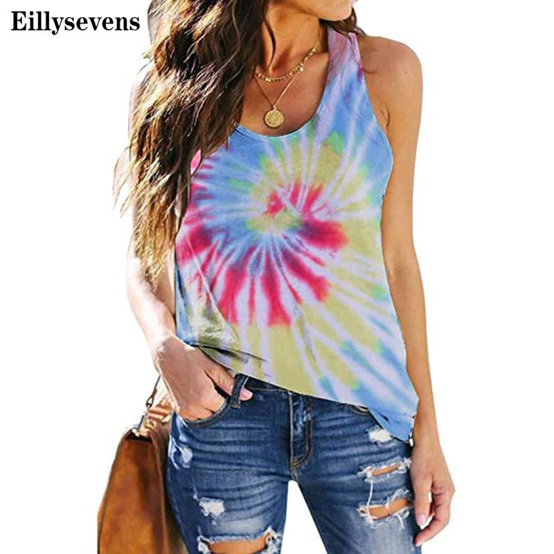 

Fashion Women Summer Tie-dye Printed O-Neck Loose Tank Tops Casual Female Sleeveless Leisure Vest Plus Size#p3, Blue