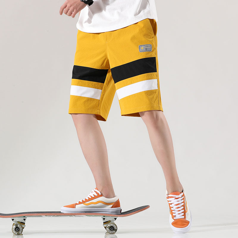 

Summer trend new thin men's shorts striped straight-leg casual cropped pants Korean style handsome loose sports pants, Black