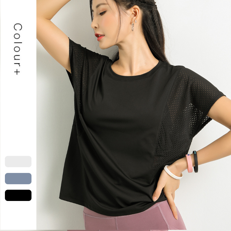 

Black White Blue Sport Top Fitness Women Mesh Short Sleeve Running Bat T Shirt Yoga Tops Women Workout Clothing Gym Shirt