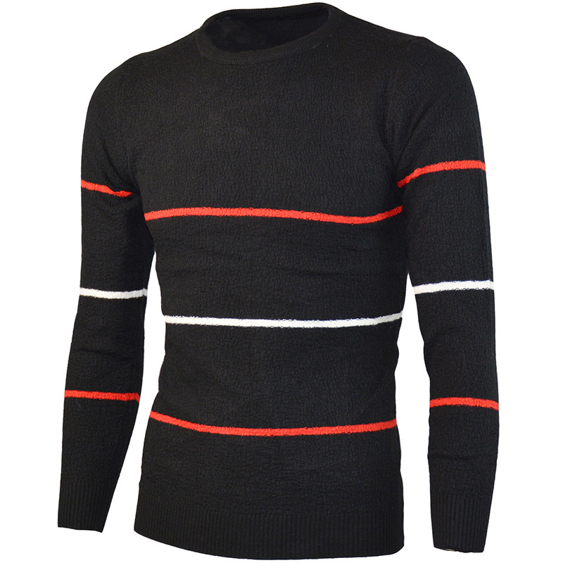 

Men' Wool Pullover O-neck Slim Fit Autumn Winter Warm Thick Long Sleeve Striped Clothes Knitted Cotton Casual Male Sweaters, Black