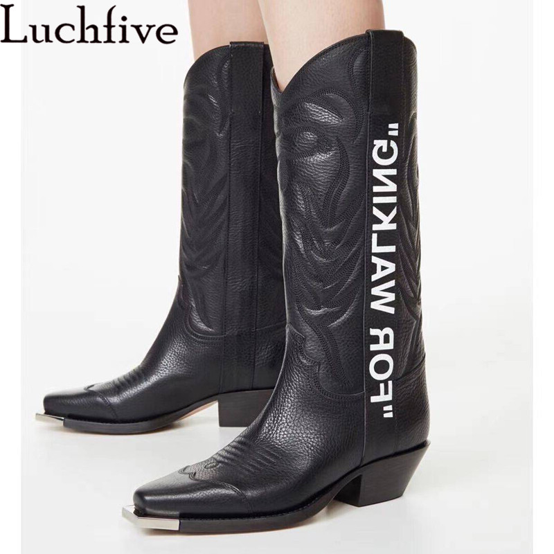 

Quality Genuine Leather Knee High Long Boots Metal Square Toe Cowboy Boots Designer Knight Winter Long, Brown