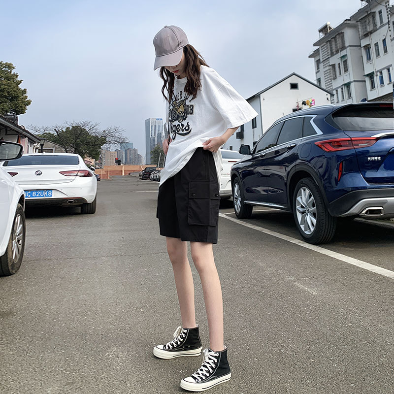 

Fashion Ins Five-Point Tooling Pants Women's Loose 2020 Summer Thin High Waist 5-Point Casual Sports Pants, Labeling black