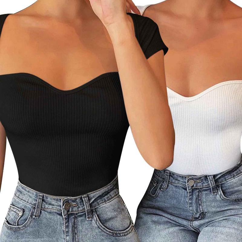 

JHD-Knitted Low Cut Top T-shirts Urban Street Casual Elegant Women Tops Wild Simple Stretch Slim Tees, White