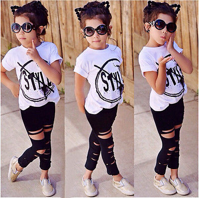 

2019 Kids Girls Clothes Set Baby Girl Summer Short Sleeve Print T-Shirt + Hole Pant Leggings 2PCS Outfit Children Clothing Set, White