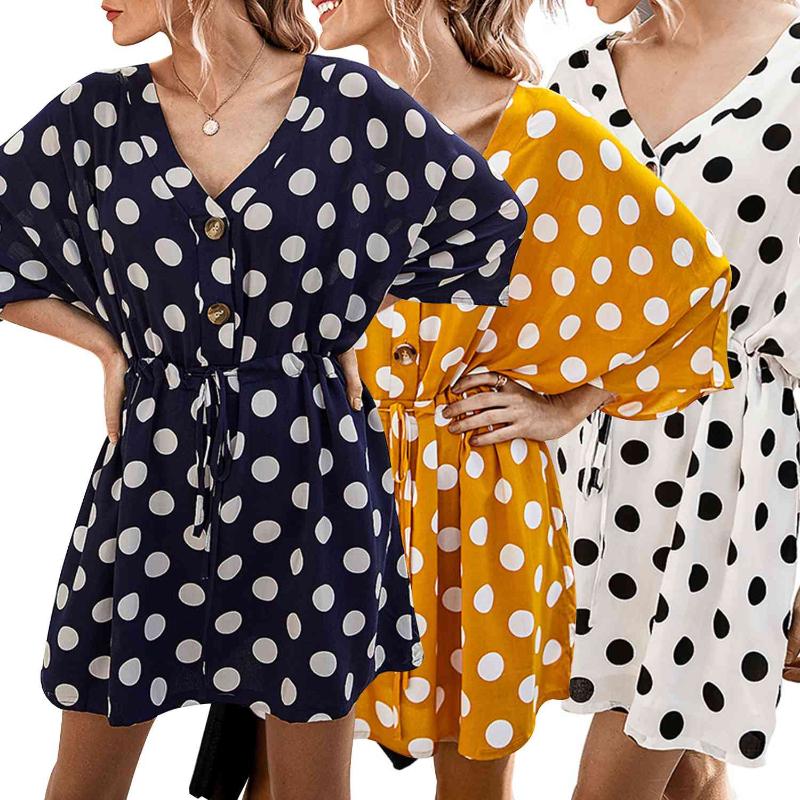 

Summer Polka Dot V-neck Raglan Sleeve Button Fashion Casual Print Dress, White
