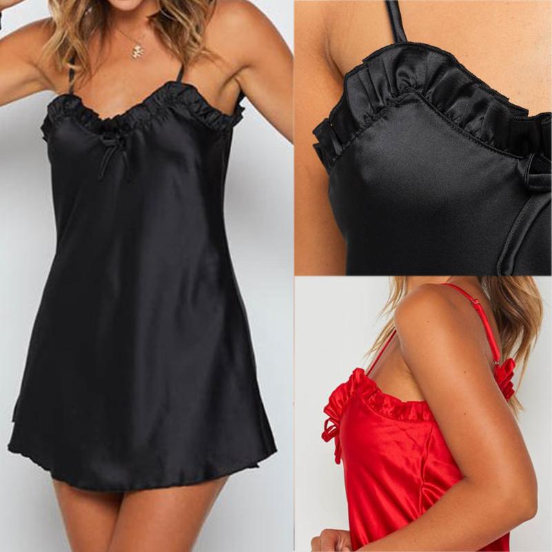 

Sexy Women V-Neck Backless Nightgown Frill Lace Satin Bowknot Sleepwear Ladies Solid Sleeveless Summer Short Mini Sleep Dress, Black