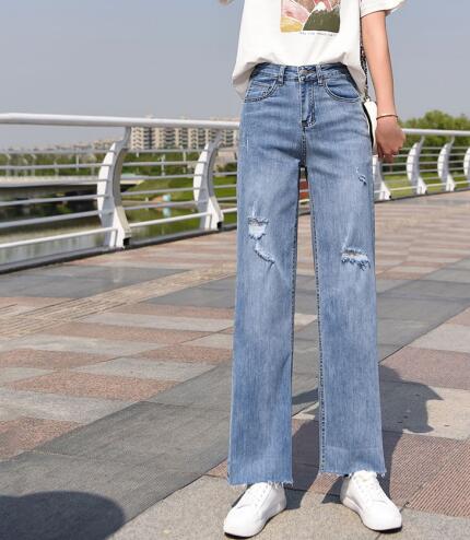 

New fashion autumn spring straight capris women hole high waist pants female plus size cotton blend casual denim jeans ycy2012, Blue