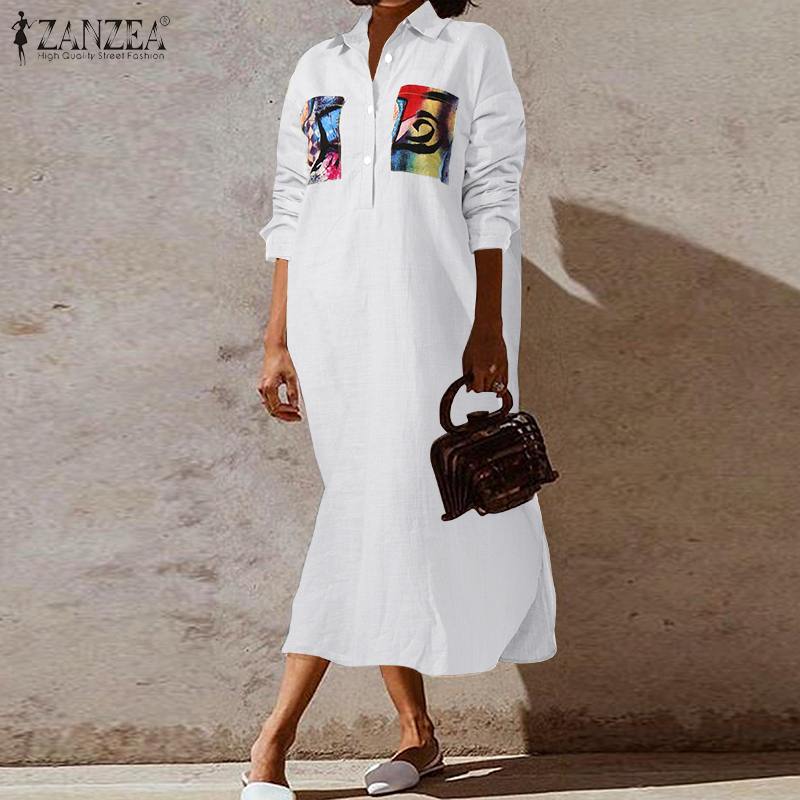 

ZANZEA Fashion Women Dress Summer Lapel Neck Long Sleeve Sundress Bohemian Printed Vestido Robe Femme Cotton Linen Midi Dresses, White