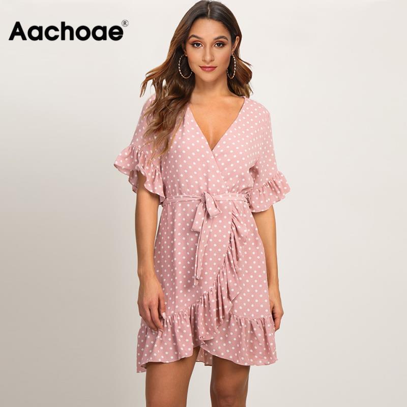

Aachoae Summer Dress 2020 Boho Style Beach Dress Fashion Short Sleeve V-neck Polka Dot A-line Party Dress Sundress Vestidos, Navy