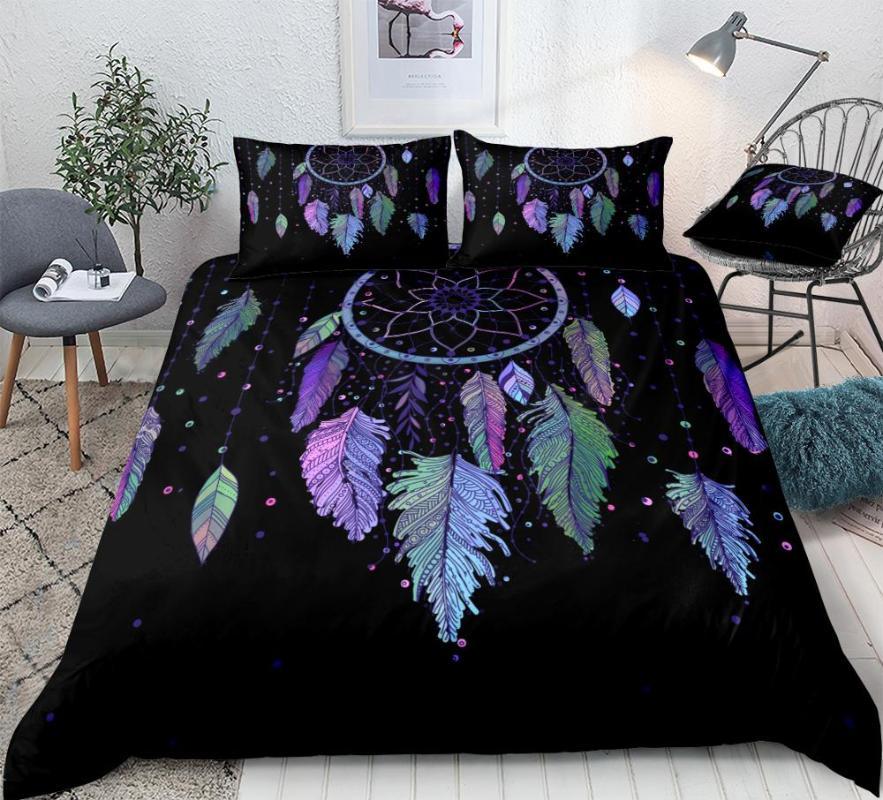 

3 Pieces Dream Catcher Bedding Colorful Vibrant Feathers Bed Set Black Duvet Cover Set Boho Mandala Quilt Cover Queen Dropship, 01