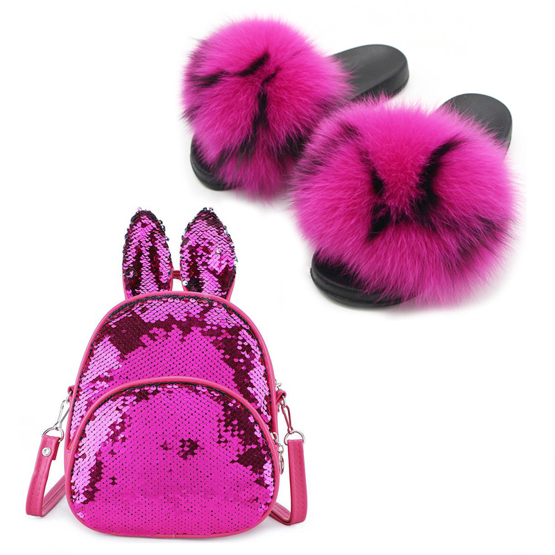 

Baby girl Fur Slippers Summer Furry Slippers Women Leather Fur Children's Fashion Sequin Bag Real Slides, Black