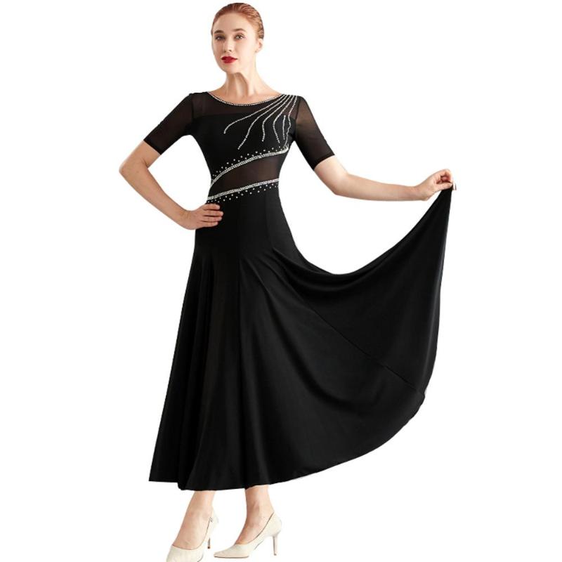 

2020 Lady Ballroom Dance Dresses Short Sleeve Long Wear Slim Competition Waltz Performance National Standad Outfits Costume, Black