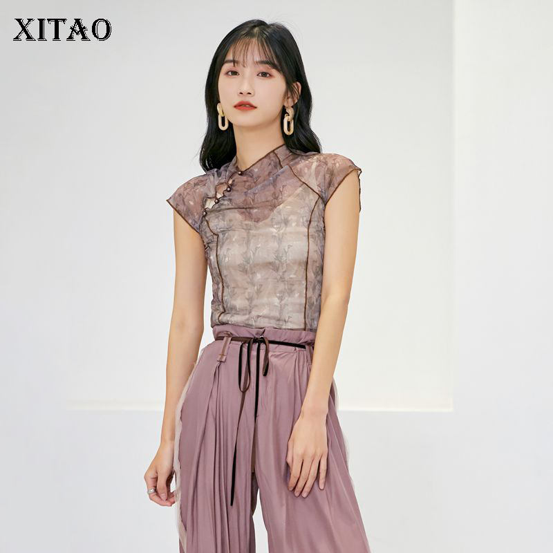 

XITAO 2020 Summer New T Shirt Chinese Style Retro Print Tshirt Slim Was Thin Perspective Women Tops Elegant Wild Fashion XJ4637, Gray purple xj4637