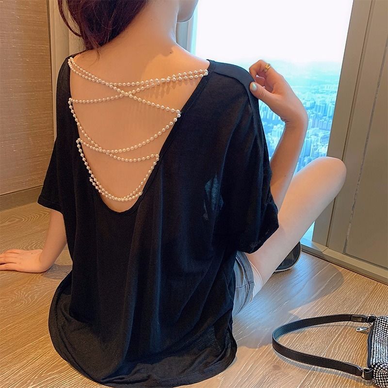 

20200713 open back top pearl cut out tshirt ins, Black