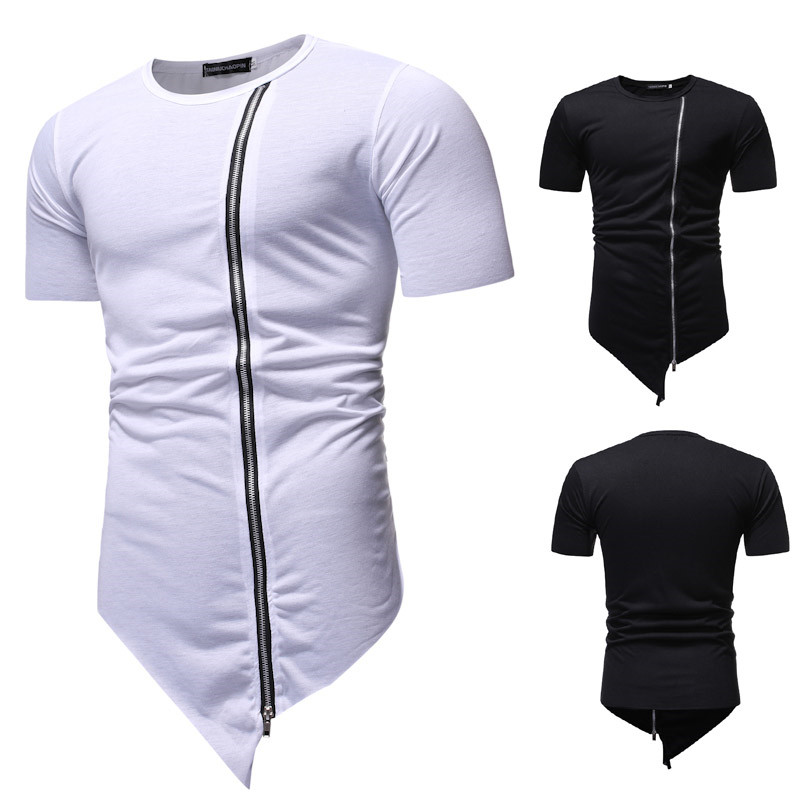 

2019 New Trendy Mens T-shirt Contrast Slant Shoulder Zipper Leather Diagonal Hem Short Sleeve V-neck T-shirt Clothing Homme, White