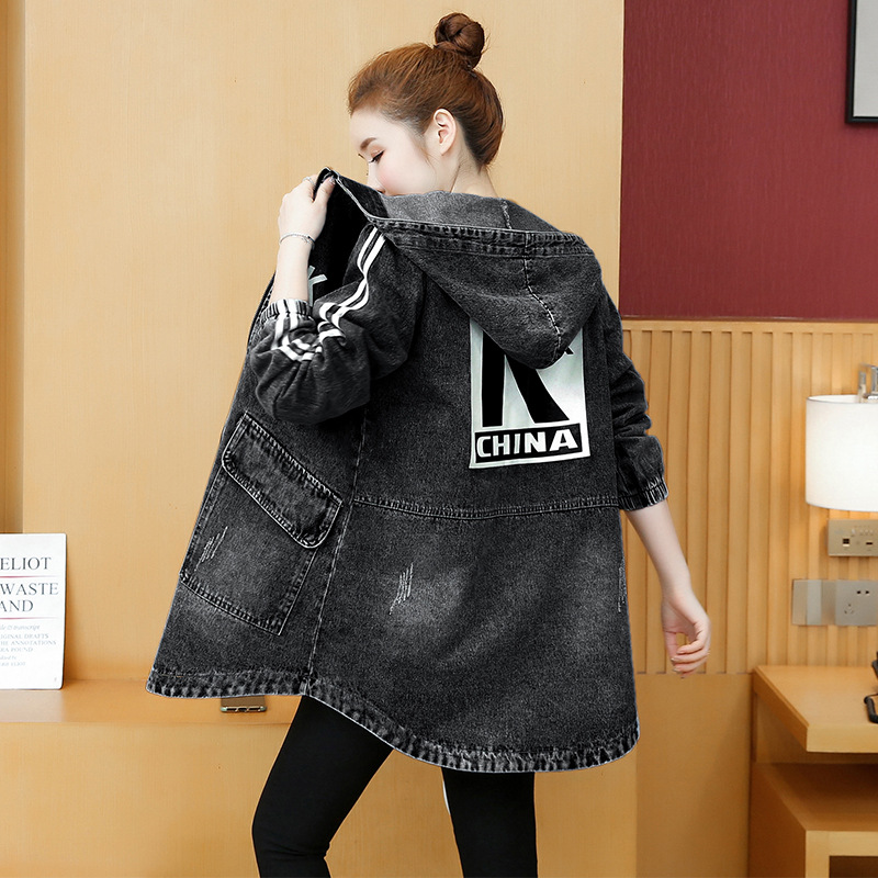 

QNPQYX New fashion women Hooded denim jacket loose coats new autumn long-sleeve casual tops Korean student jean Coat Plus size dropshiping, Black