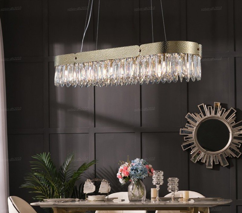 

Restaurant Crystal Gold Oval Pendant Lamps Living Room Chandelier Stainless Steel Luxury Villa European Island Living Room Dining Room Decor