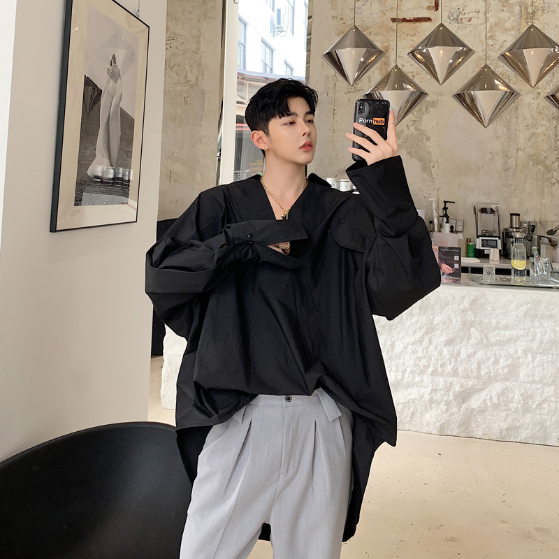 

Autumn New Streetwear Shirts Dark Men's Oversize Loose Hooded Long-sleeved Youth Tide Male Hip Hop Camisa Masculina Men Shirt, White