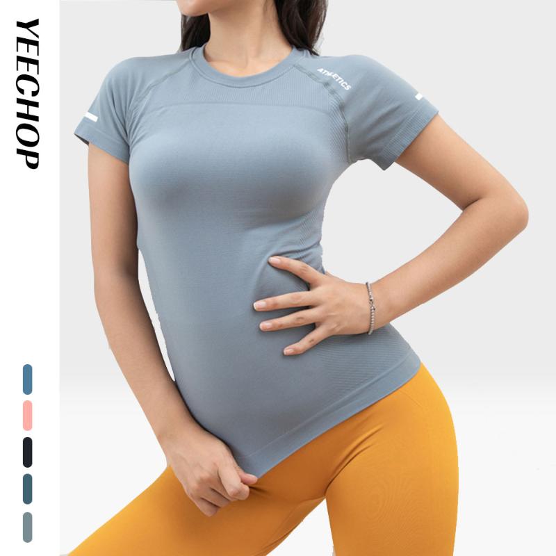 

2020 New fitness short-sleeved stretch running yoga clothing women' printed slim slim quick-drying T-shirt, Blue