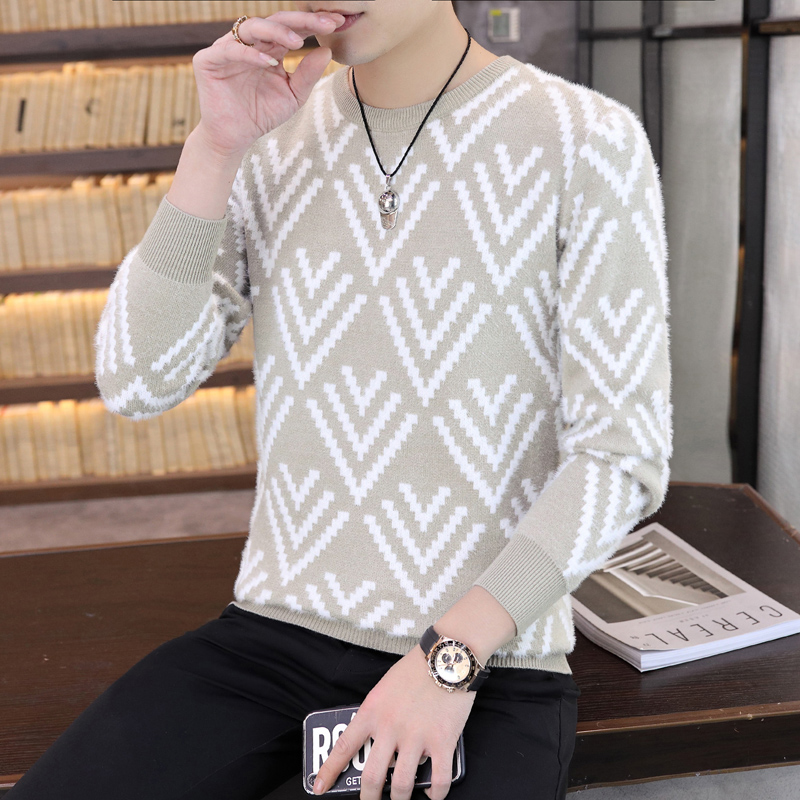 

Jacquard knitted sweater autumn winter fashion Easy match men's jacquard round neck sweater Slim knit men, Black