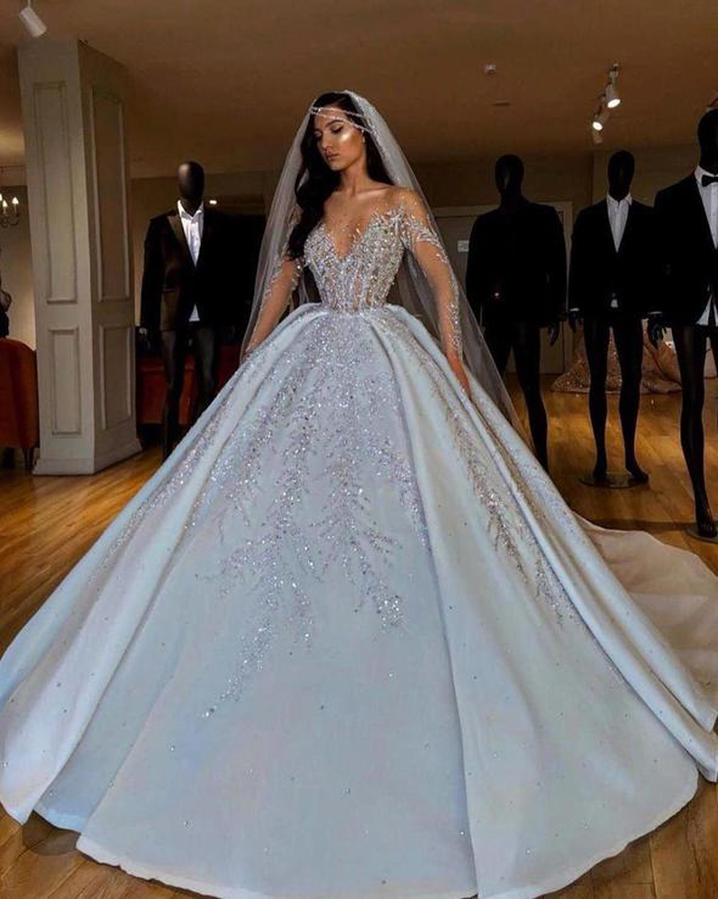 

Luxury Sheer Neck Arabic Ball Gown Wedding Dress Long Sleeve Beaded Applique Sweetheart Button Back Long Train Wedding Gowns, Silver