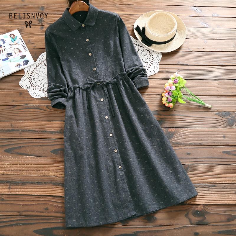 

Slim Winter Vintage Women Dress Turn Down Collar Printed Elbise Vestidos De Festa Spring Long Sleeve String A-Line Dresses, As the photo