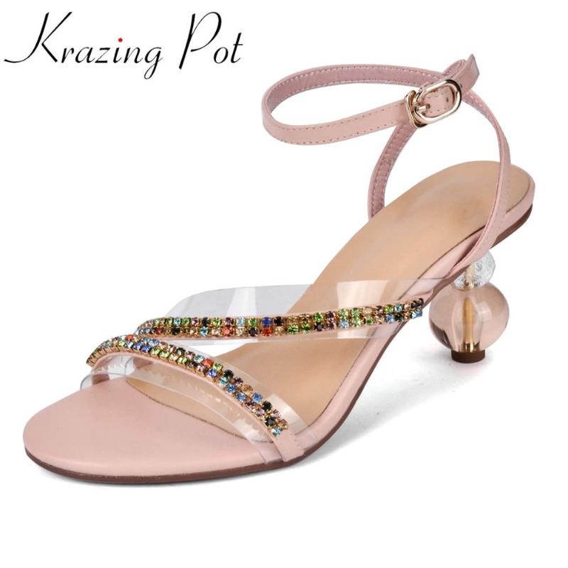 

Krazing pot summer plus size cow leather peep toe strange crystal high heel brand shoes rhinestone decorations sandals women La3, Pink
