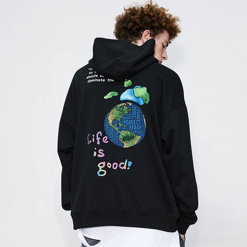 

2020 Hip Hop Streetwear Hoodies Sweatshirt Globe Print Men Harajuku Pullover Hoodie Winter Fleece Cotton Autumn Sweatshirt Loose, Black
