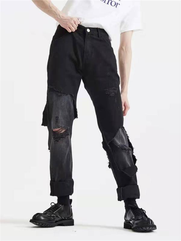 

2020 self-destruct deconstruct double layer fit fit high street casual jeans fashion men and women, Black