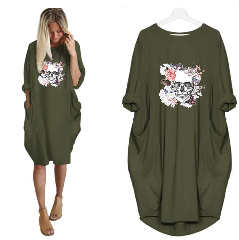 

2020 Women T Shirts Dress Skull Flowers Print Long Sleeve Summer Dress Round Neck Pocket Loose Plus Size 5XL Casual Woman Dress Wholesale, Red