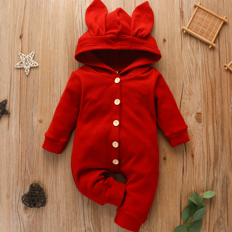 

Spring Autumn Newborn Baby Long Sleeve Button Ears Jumpsuit Cute Hooded Solid Color Jumpsuit for Baby Boys Girls