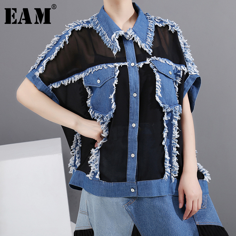 

EAM] Women Black Mesh Perspective Big Size Denim Blouse New Lapel Sleeveless Loose Fit Shirt Fashion Spring Summer 2020 1W919